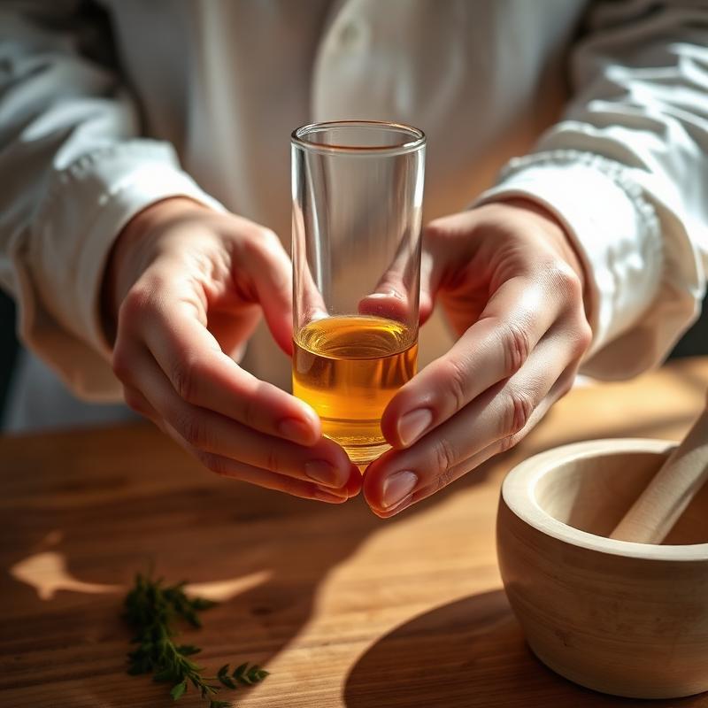 Hands holding a glass tincture during compounding